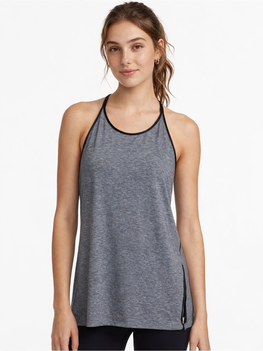 Athleta M Gray Heather Strappy Back Tank Top Side Slit Athletic